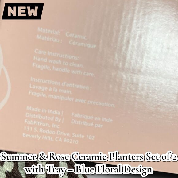 NEW Summer & Rose Ceramic Planters Set of 2 with Tray – Blue Floral Design - Picture 5 of 10